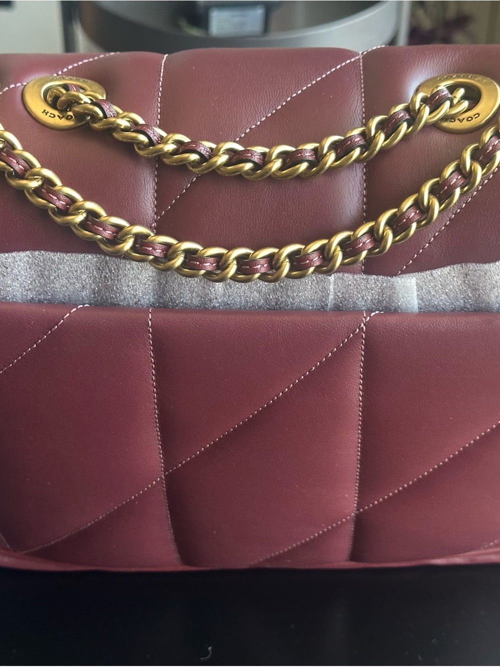 Coach quilted Madison Leather Shoulder Bag in Wine color. - Picture 7 of 12